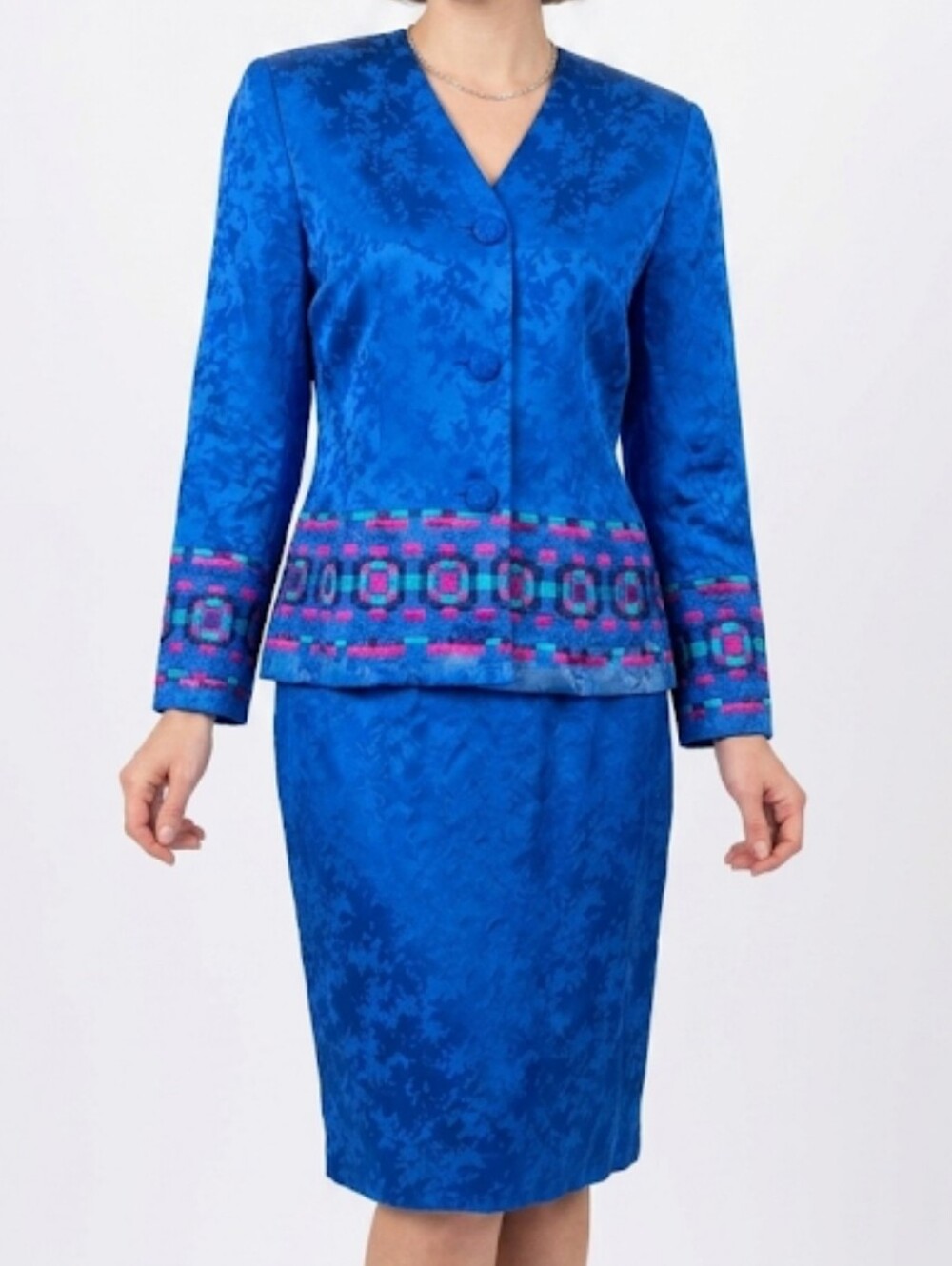 Vtg Anne Crimmins For Umi Colkections Blue & Pink Silk Embroidered Skirt Set 8